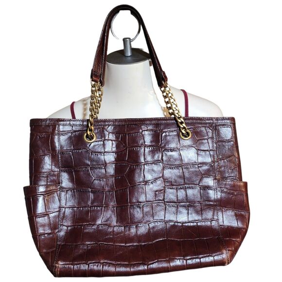 FOSSIL MIMI SHOPPER DARK BROWN CROCODILE LEATHER TOTE,GOLD CHAIN SHOULDER BAG - Picture 2 of 16